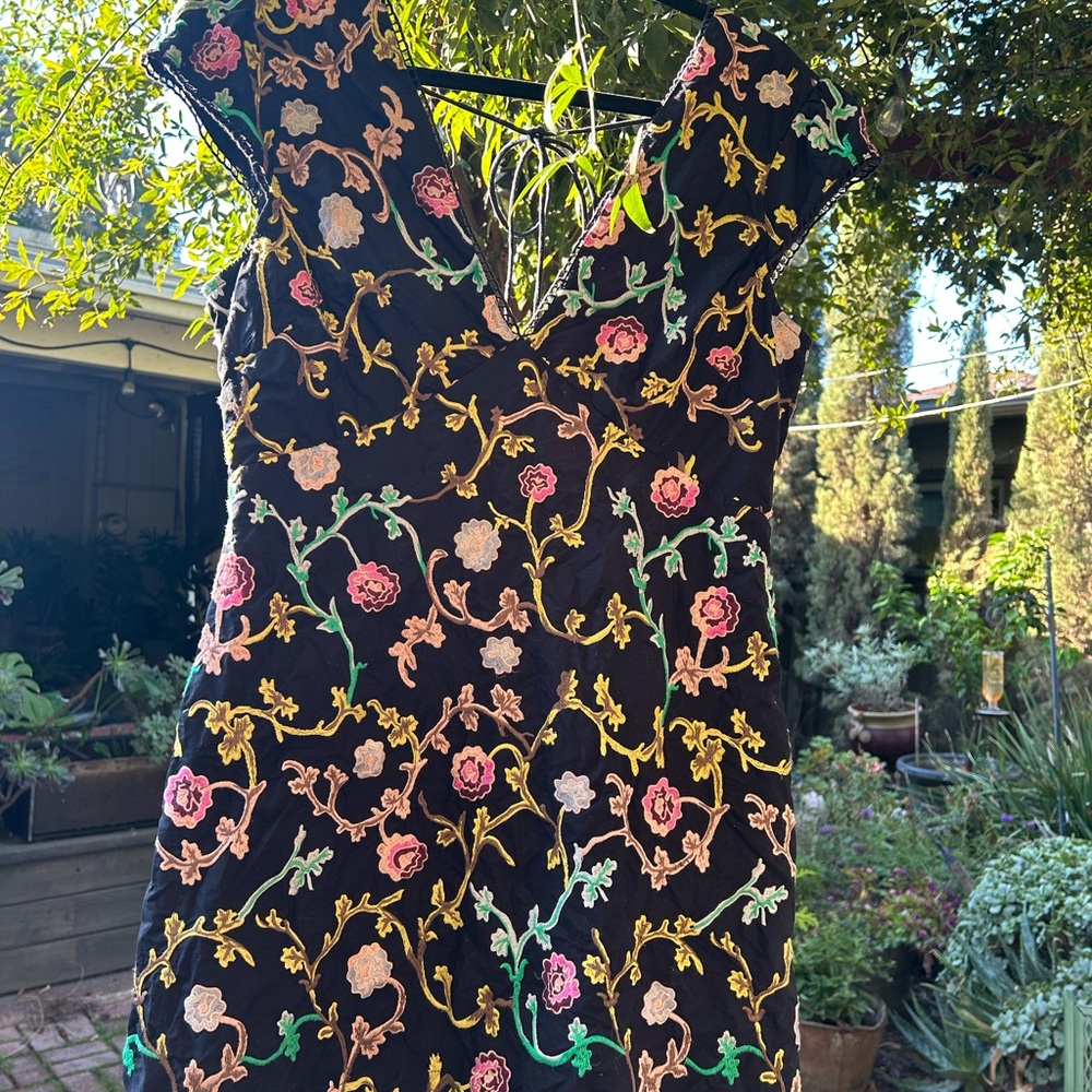 Anthropologie Black Mini Dress with Multicolor Floral Embroidery